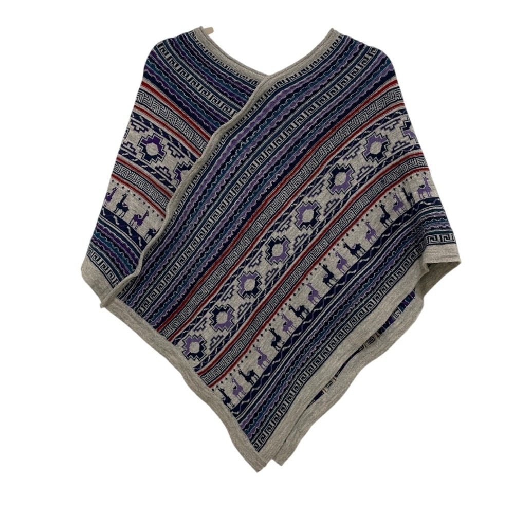 Southwestern Knit Poncho Women OS Grey Purple Llama Andean Geometric‎ Cape Wrap